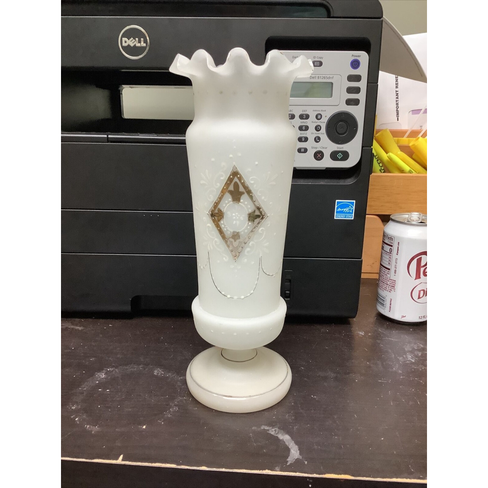 Victorian Hand Blown Frosted Satin Glass Mantel Vase‎ Ruffled Rim Painted 11”